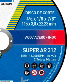 DISCO DE CORTE NORTON SUPER AÇO/INOX AR312 4.1/2" X 3,0MM X 7/8"