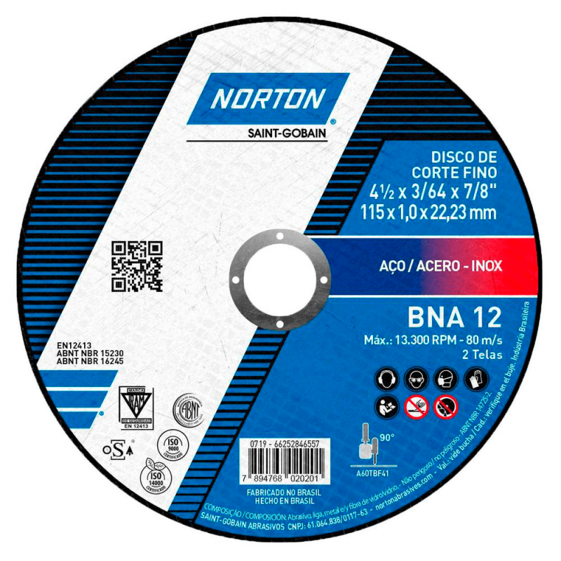 DISCO DE CORTE NORTON SUPER AÇO/INOX BNA 12 - 4.1/2" - 115 X 1,0 X 22,23MM
