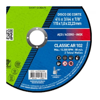 DISCO DE CORTE CLASSIC BASIC AR102 4.1/2" - 115 X 1,0 X 22,23MM - Norton