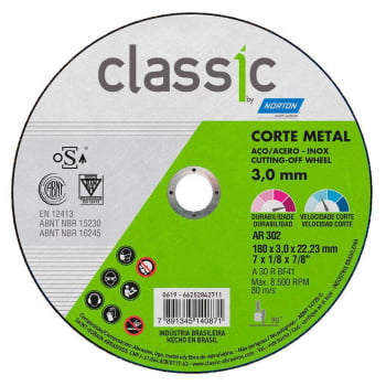DISCO DE CORTE NORTON CLASSIC AÇO/INOX AR302 7" X 3,00MM X 7/8"